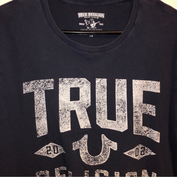 True Religion Men's Graphic Tee T-Shirt Navy Large Authentic Navy Blue And White - Picture 2 of 9